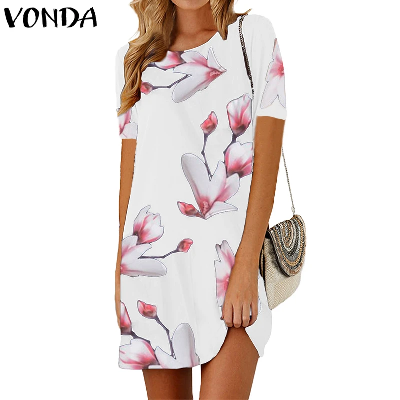 VONDA Women Floral Printed Mini Dress 2019 Summer Beach Dresses Vintage