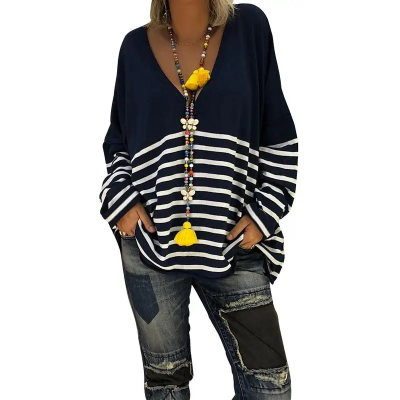 

2019 New Women Clothing Plus Size Autumn Winter Knitting Autumn And Winter Print Striped V-Neck Long-Sleeved Blouse Sweater