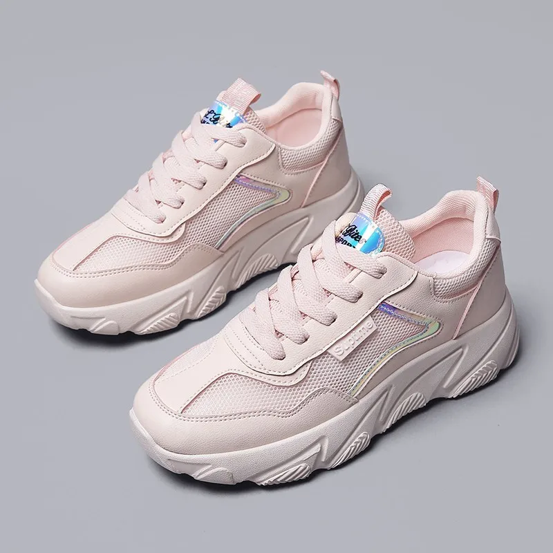 

Qzhsmy Sneakers Women Platform Lace-up Breathable Mesh Leisure Shoes Pink White Hot Style Elegant Female Shoes Zapatillas Mujer
