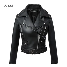 FTLZZ nueva mujer Otoño Invierno negro Faux chaquetas de cuero cremallera básica abrigo Turn-down Collar motociclista chaqueta con cinturón