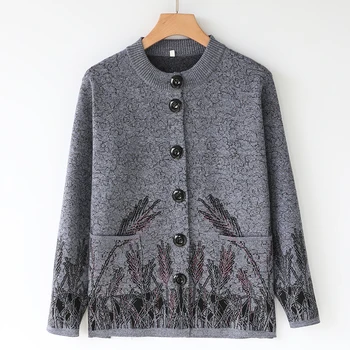 

Autumn Winter Middle Aged Women Cardigan Sweaters O-neck Long Sleeve Sweater Print Knitted Jumpers Sweter Mujer Plus Size