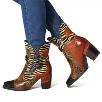 Socofy Retro Printed Cowgirl Ankle Boots Women Spring Patchwork Horsehair Genuine Leather Women Boots Shoes Woman Zipper Booties 6