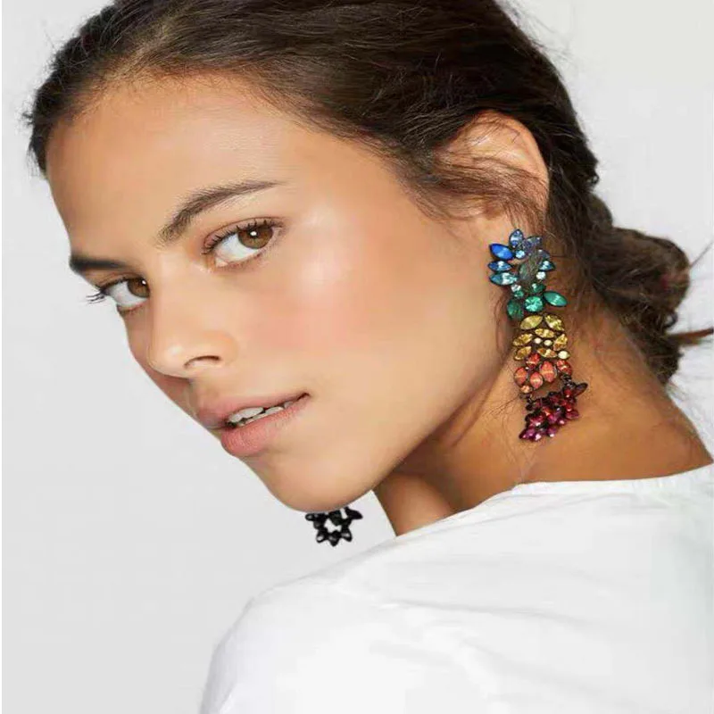 

Handmade Colorful Crystal Beads Big Statement Earrings Women Long Dangle Drop Earrings Wedding Bridal Party Jewelry