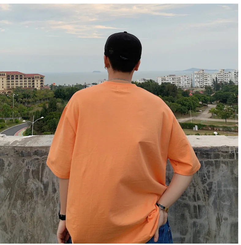 

Men's T-shirt 2019 Summer New Hong Kong Style Solid Color Loose Round Neck Pullover Print Personality Youth Casual Men's Wear