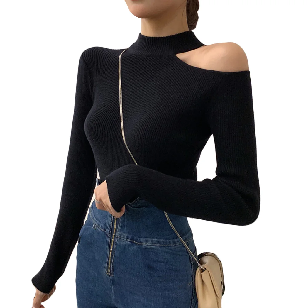 Spring autumn new knitted sweater long sleeves half off the shoulders show thin and easy to build temperament | Женская одежда