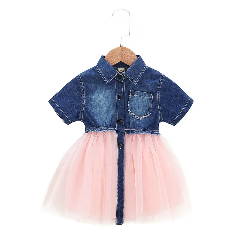 

Summer Girls Dresses Denim Lace Tulle Tutu Party Dress For Kids Girl Dress Children Sundress Cute Kids Turn-down Collar Dresses