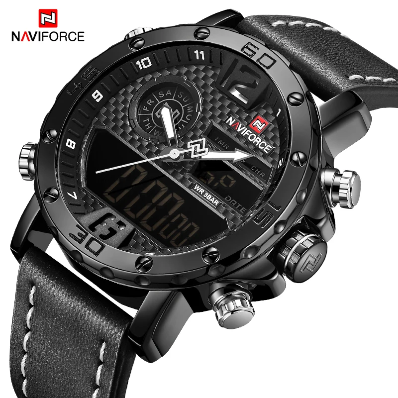 NAVIFORCE Новая мода Повседневное Кварцевые наручные часы спортивные часы Для мужчин Водонепроницаемый кожаный ремешок светодиодный цифровые