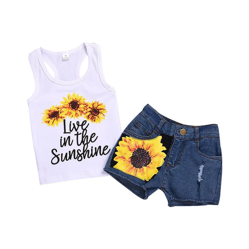 Fashion Toddler Kids Girl Summer Clothes Sleeveless Floral Vest Tops+Sunflower Ripped Denim Shorts Jean 2PCS Outfit Set