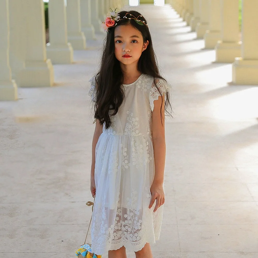 

White Lace Petal Sleeve Girls Dress For Princess Clothing Toddler Cotton Dress Party Wear For Kids Girls Holiday Dresses 2019