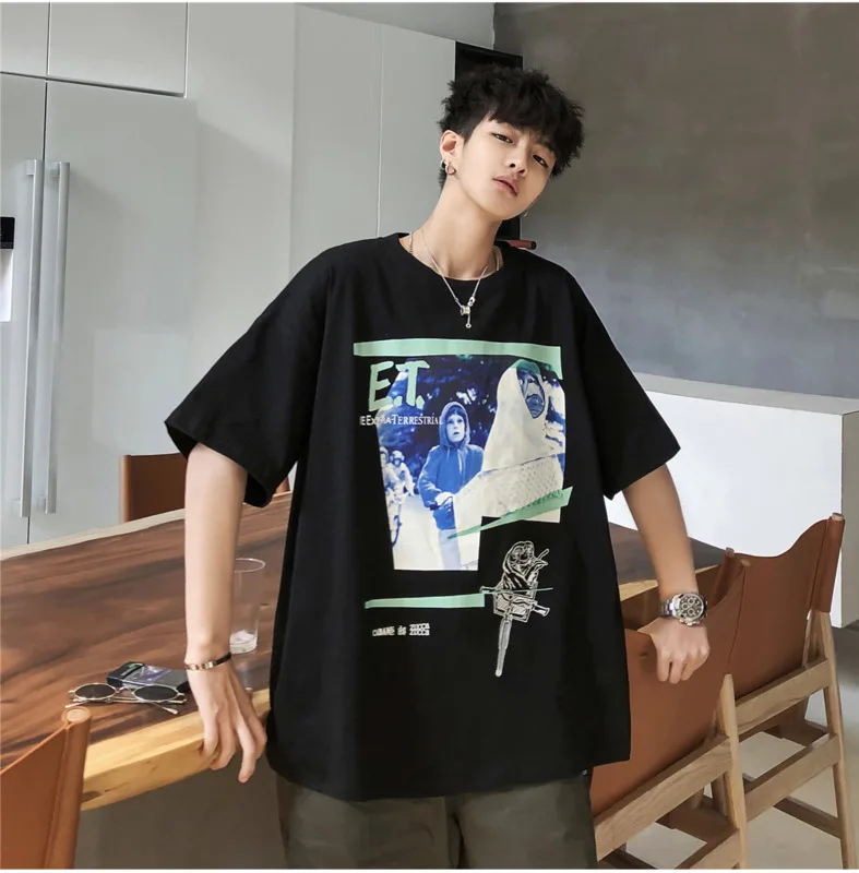 

Men's T-shirt Summer New Youth Popular Port Wind Loose Round Neck Pullover Aliens Print Personality Youth Casual Men's Clothing
