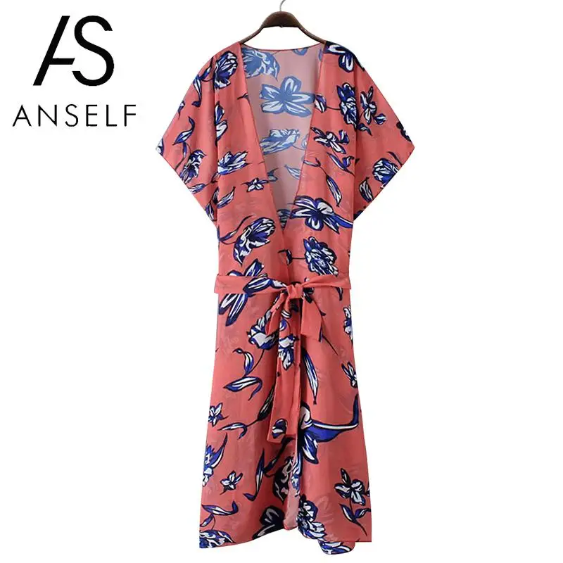 

2019 Summer Long Kimono Women Chiffon Kimono Cardigan Floral Print Boho Loose Outerwear Beachwear Bikini Cover Up Beach Tops Red