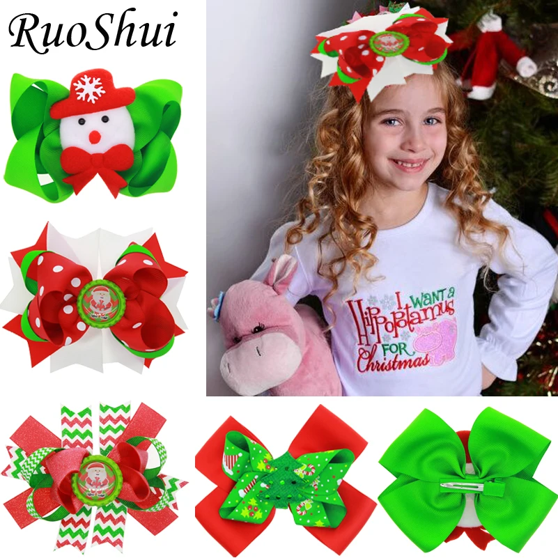 

6 inch 5pcs/lot Christmas Grosgrain Ribbon Lined Clips Barrette Hair Bow Bowknot Headwear Children Girls Hair Accessories