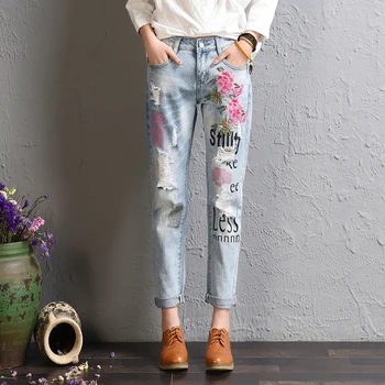 

Plus Size Flower Embroidered Jeans Pants Stretch Ripped Distressed Jeans Women High Waist Jeans Boyfriend Harem Denim Pant lady