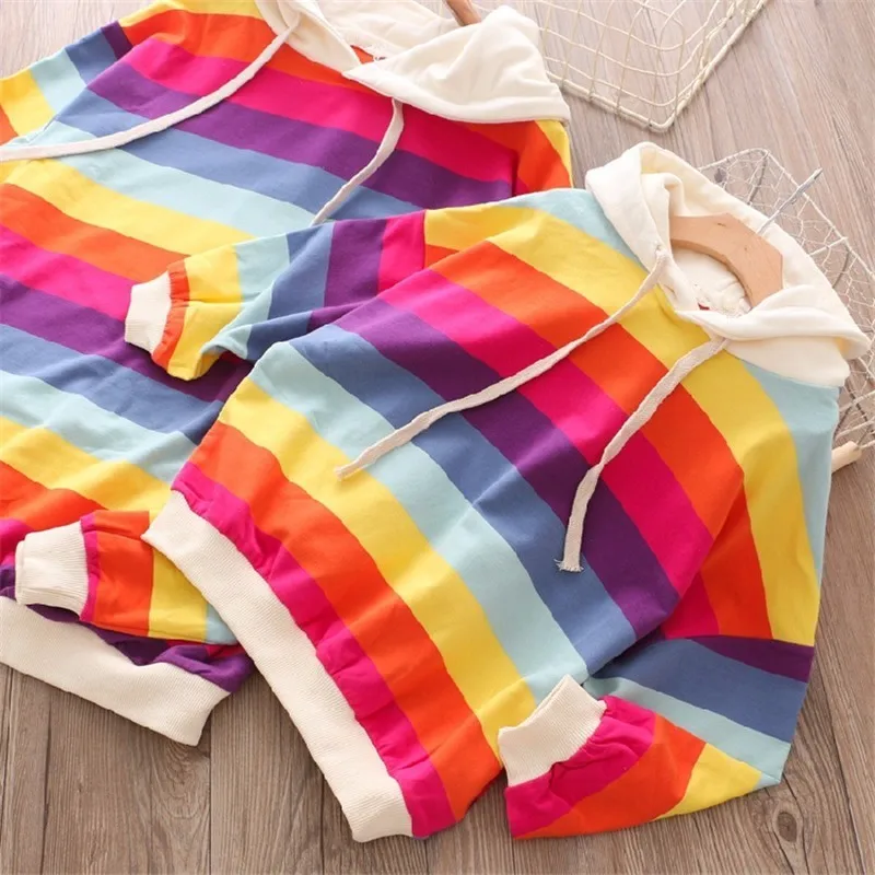 

LILIGIRL Hooded Mommy and Me Rainbow Sweater for Family Matching Outfits Clothes New Mother Daughter Striped Tops Jackets Coat