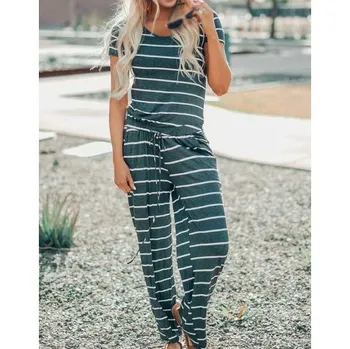 

Fashion 2019 Summer Women Striped Jumpsuit Casual Short Sleeve Tracksuit Overalls Loose O Neck Long Romper