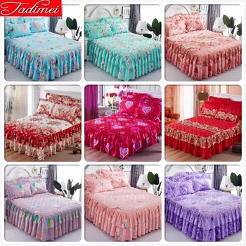 

High Quality Soft Cotton Thick Quilted Bed Skirt Adult Kid Girl Lover Sheet Cover Linen Single Full Queen Size Bedspread 180x220