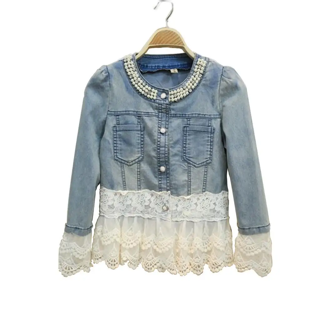 

Women Fashion Round Neck Long Sleeve Lace Floral Patchwork Regular Denim Causal Spring, Autumn, Winter Jacket