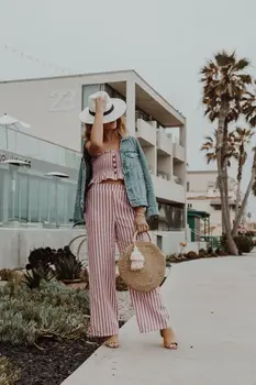 

Women Stripe Sleeveless Off Shoulder Crop Top + Long Pants Set Casual Jumpsuit Summer Clothes Set