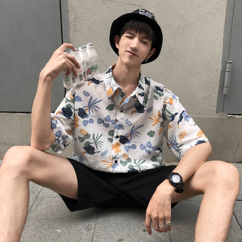 

Men's Shirts 2019 Summer New Youth Popular Loose Lapel Slim Port Wind Printing Short Sleeve Personality Casual Men's Clothing