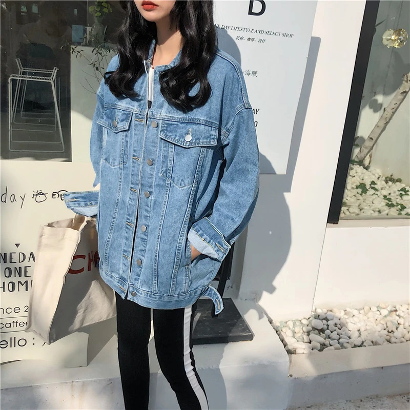 Finest YOCALOR Solid Jean Jeans Jacket For Women Loose Casual Blue Women Coats Female Outwear Denim Femini