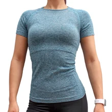 Нейлон женские Yoga T-Shirts быстросохнущие o-образным вырезом майки сплошной цвет открытый пот влагу тренажерный зал бег спортивные футболки