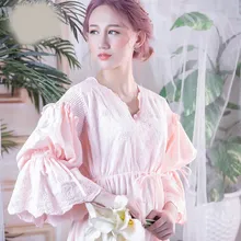 Vintage Nightgown Sleepwear Women Set Spring Flare Sleeve Long Sleep Shirts Lace Hollow Out Night Wear Sleep Dress lace sleeve bear print sleep dress