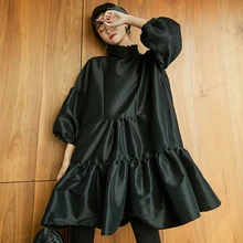 SHENGPALAE-Vestido corto femenino de manga tres cuartos, minivestido negro con volantes y cuello, estilo coreano, Primavera, FL350, 2021