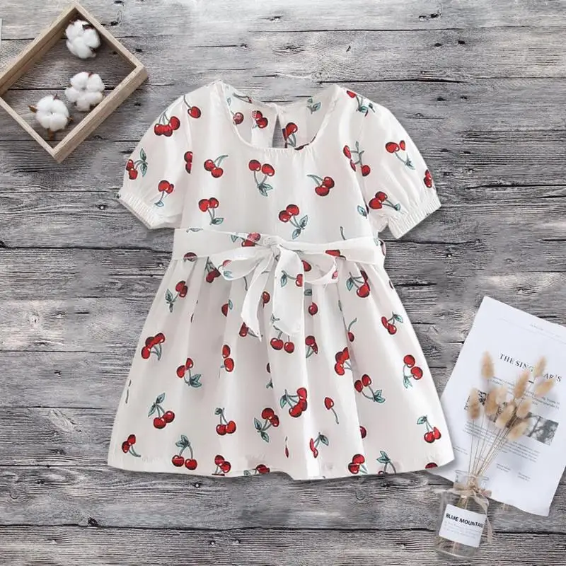 

Newborn Baby Girls Dress Sleeveless O Neck Cartoon Cherry Print Tutu Bubble Dresses Summer New 18M-6T Baby Girls Clothing