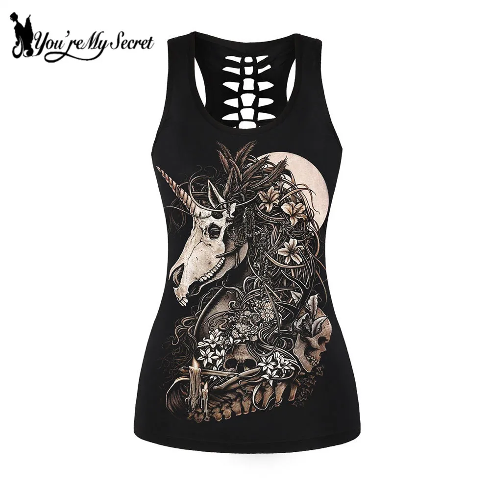 

[You're My Secret] Fashion Printing Unicorn Skull Harajuku Tank Tops Women Sexy Vest Tops Gothic Girl Streetwear Sleeveless Top