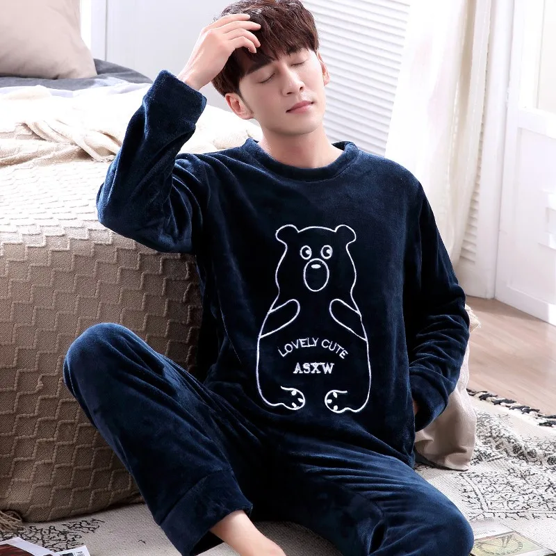 

Men Pajamas Set Autumn Winter Coral Fleece Thicken Flannel Warm Pajamas Men's Long Sleeve Nightwear Top Pant Animal Pyjamas Suit