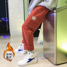 Осень зима новые брюки мужские теплые плюс бархат толстые модные прямые свободные хип хоп брюки уличные повседневные джоггеры пот брюки мужские