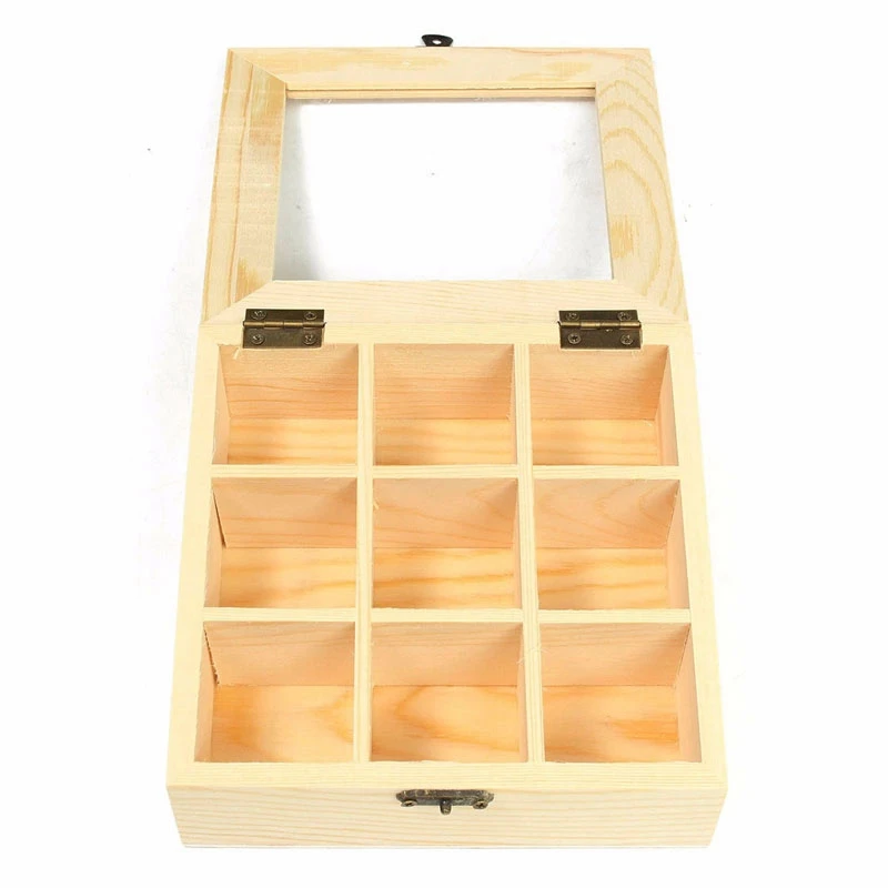 Wooden Tea Bag Jewelry Organizer Chest Storage Box 9 Compartments Tea Box Organizer Wood Sugar Packet Container