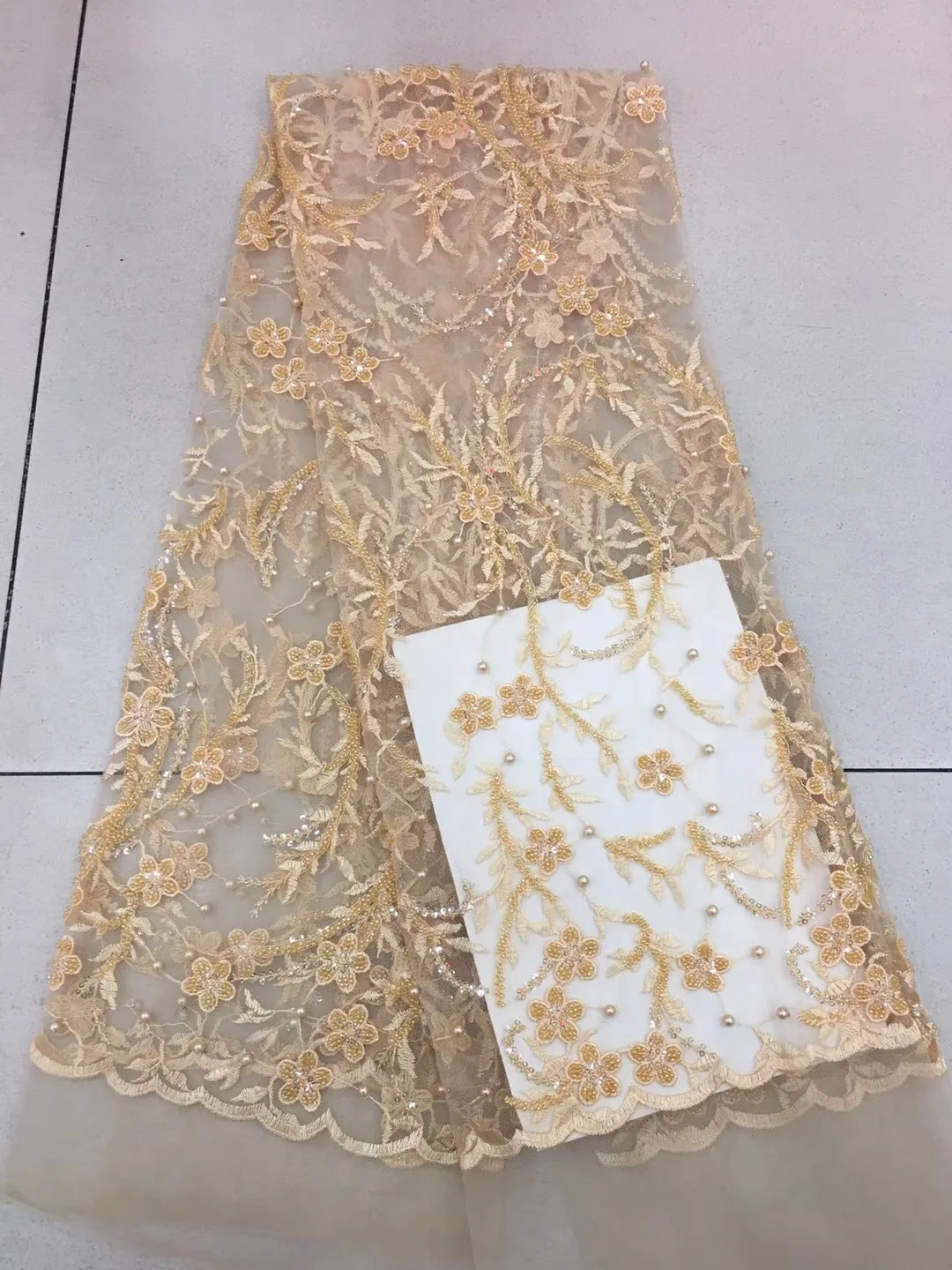 Latest Sequins Noble Dubai Lace Fabric With Beads 2018 Heavy