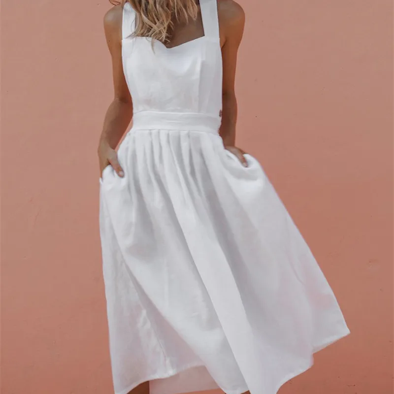 

2019 Women Solid Sleeveless A-line Beach Dress Sexy Backless Bow Pleated Summer Dresses Loose Party Midi Dress