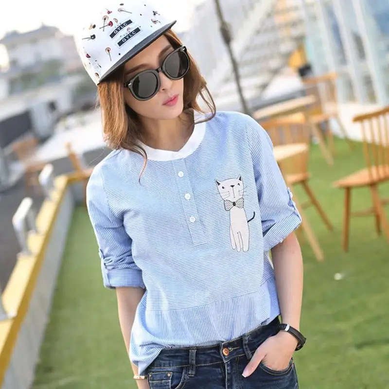MISSKY Women Shirt Cartoon Embroidery Stripes Splicing Long Sleeve Stand Collar Blouse Female Tops For Spring Autumn | Женская одежда