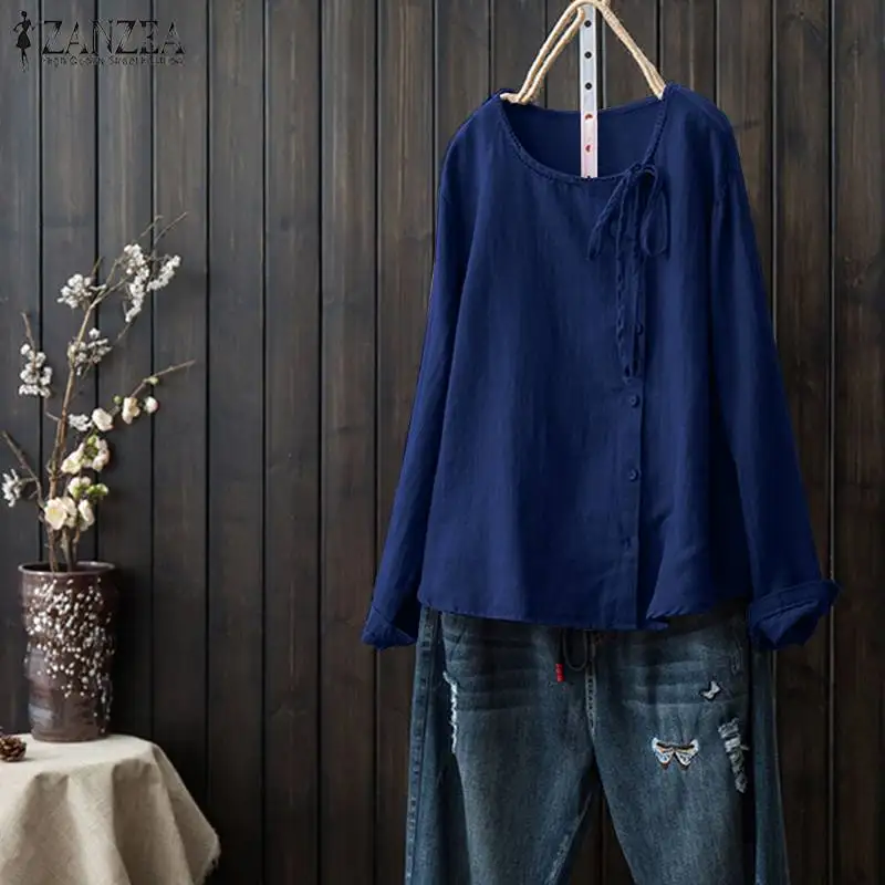 

Plus Size Vintage Linen Blouse 2019 ZANZEA Women's Tunic Tops Female Button Shirts Casual Long Sleeve Blusas Robe Chemise Tee