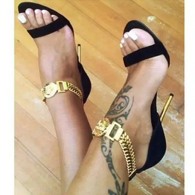 

Cheap Price Women Black Open Toe Gold Metal Decoration Sandals Summer Fashion High Thin Metal Heel Party Banquet Shoes