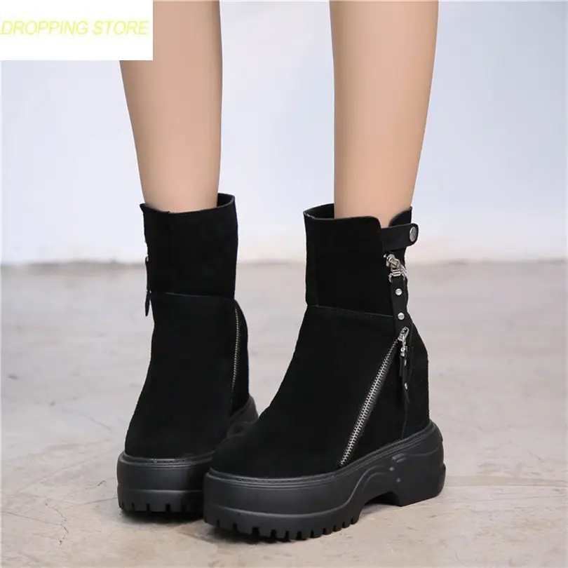 

Oxfords Shoes Women Cow Leather Round Toe Wedges Riding Boots High Heel Platform Pumps Shoes Punk Casual Sneakers