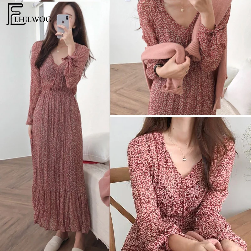 En Ligne 2019 printemps Design rétro robe femmes Style coréen à manches longues col en V robes tempérament dame ébouriffée imprimé Vintage robe 5101
