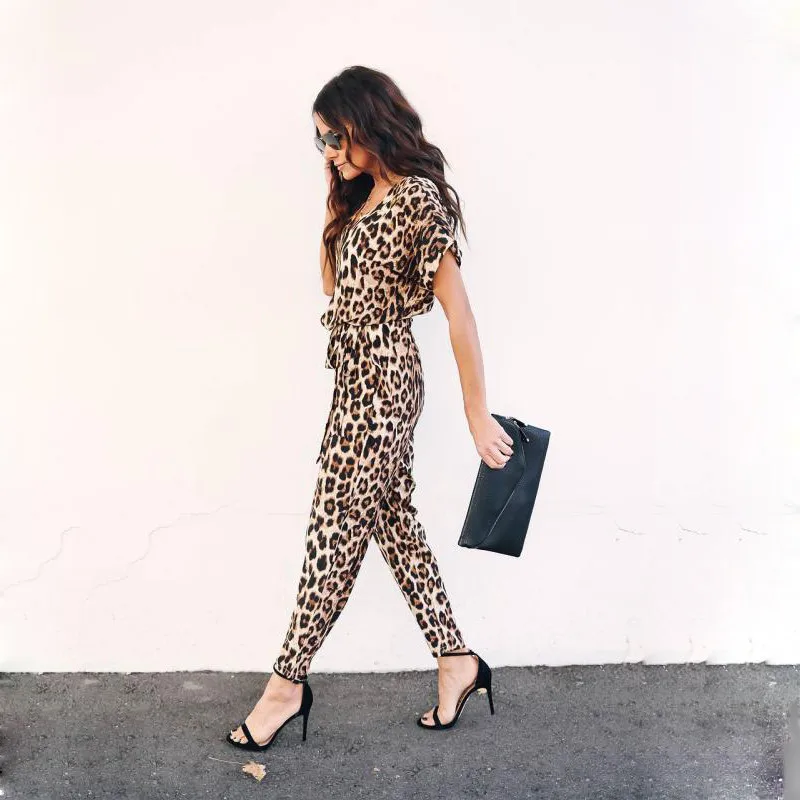 Women Jumpsuits Leopard-Print Short Sleeve Long Pants Streewear Button Vneck Lady Office Casual Clothes GRNSHTS