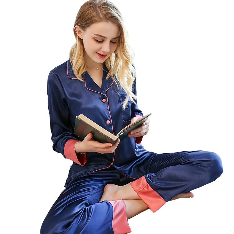 

Spring Pajamas Sets with Long-sleeved and Trousers Two-piece Suit Silk Satin Large Size Home Lady Clothes Womens Pajamas