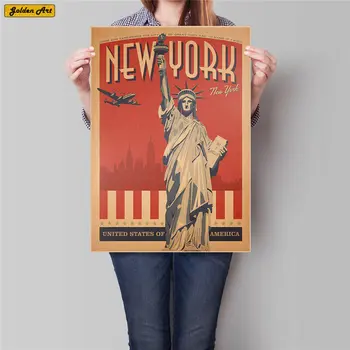 

New York Travel City Statue of Liberty Vintage Painting Retro Kraft Paper bar cafe Posters Classic wall sticker 45.5x31.5cm