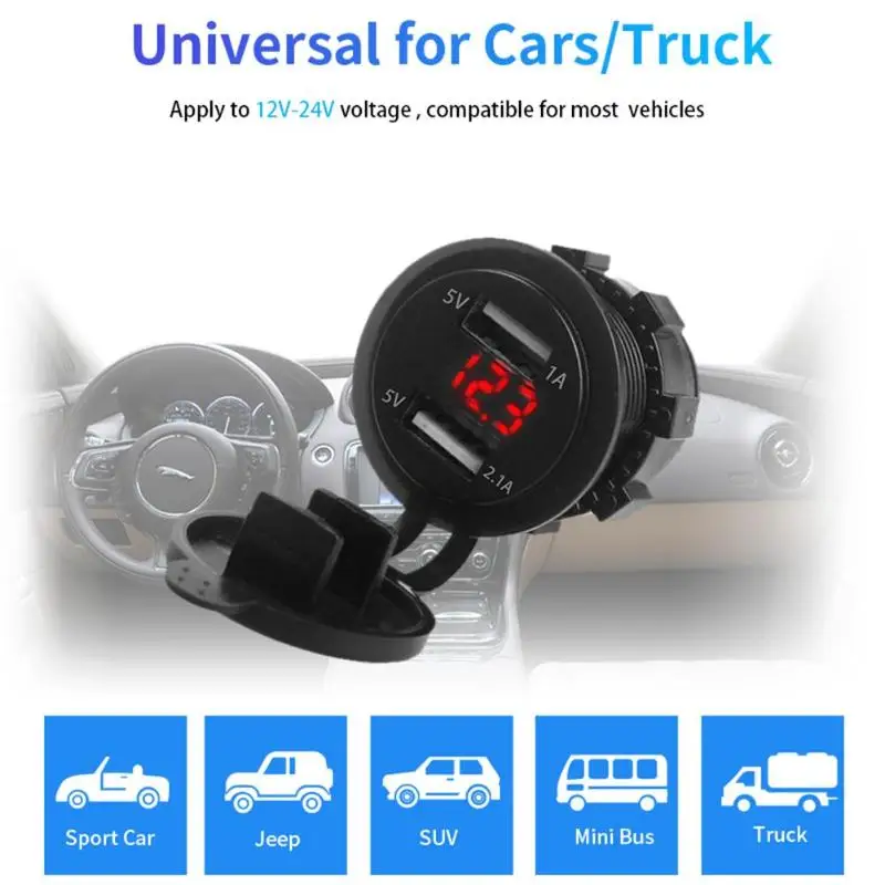 

VODOOL Car Charge Universal 12V/24V Dual Port 5V Car USB Charger Power Outlet Adapter with Voltage Meter for Mobile Phone Tablet