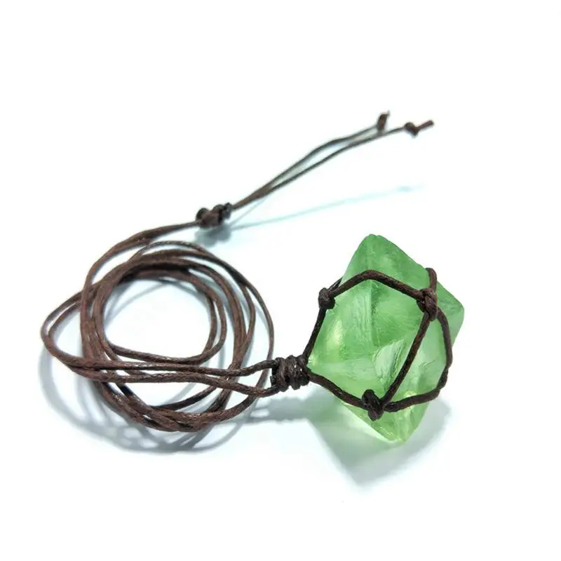 Natural Handmade Blue-Green Gemstone Pendant Green Fluorite Octahedral Rough Wrap Braid Necklace Stone Crafts