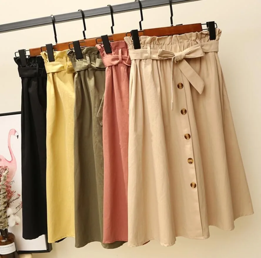 

Row Belted Women Long Skirts With Buttons Retro Vintage High Waist Midi Skirt Jupe Longue Femme