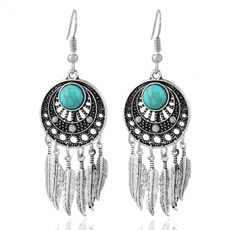 

Retro Turquoise Drop Earrings With Leaves Shape Tassel Ear Pendants Dangler