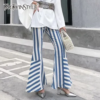 

TWOTWINSTYLE Patchwork Irregular Striped Pants Female High Waist Long Flare Trousers For Women Casual Fashion 2020 Spring New