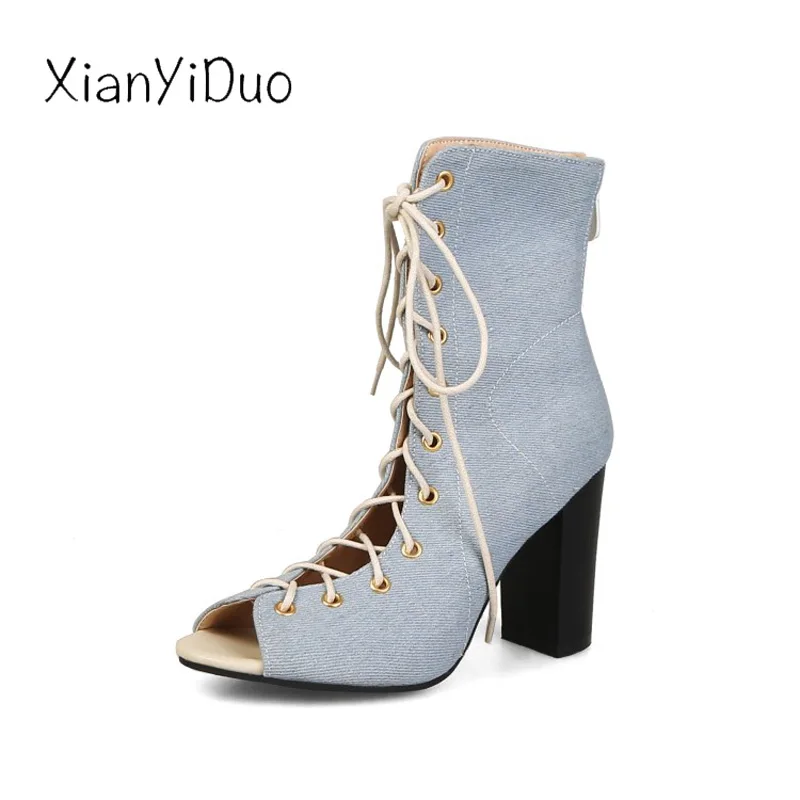 

Xianyiduo 2019 Summer boots Denim Blue Women's Shoes Party rome Sandals Lace-Up High Heel Sexy peep toe plus size 40-48/Q63