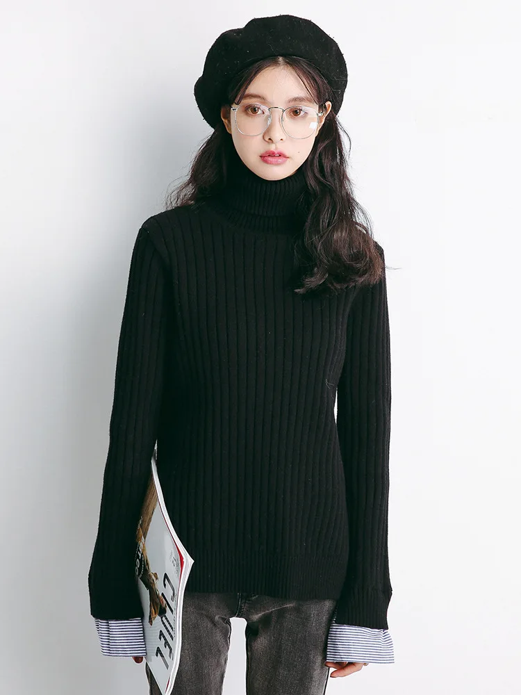 Women Turtleneck Sweater Fall Winter Knitted Jumper With Shirt Cuffs Black | Женская одежда