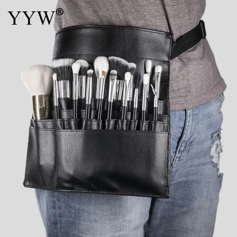 

PU Leather Foldable Cosmetic Makeup Brush Bag Black With Belt Strap Two Makeup Brush Holder for Professional Apron Bag Artist